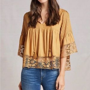 Revolve Tularosa Lace Trim Short Sleeve Pleated Boho Top Mustard Yellow